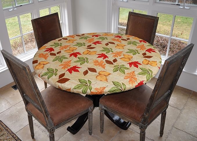 LAMINET Elastic Fitted Table Cover - All-Over Leaves - Large Round - Fits Tables up to 45-56” Diameter