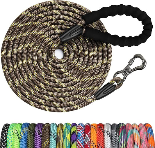 NTR 15FT Training Leash for Dogs, Reflective Nylon Rope with Swivel Lockable Hook and Comfortable Handle, Suitable for Small to Large Dogs, Brown