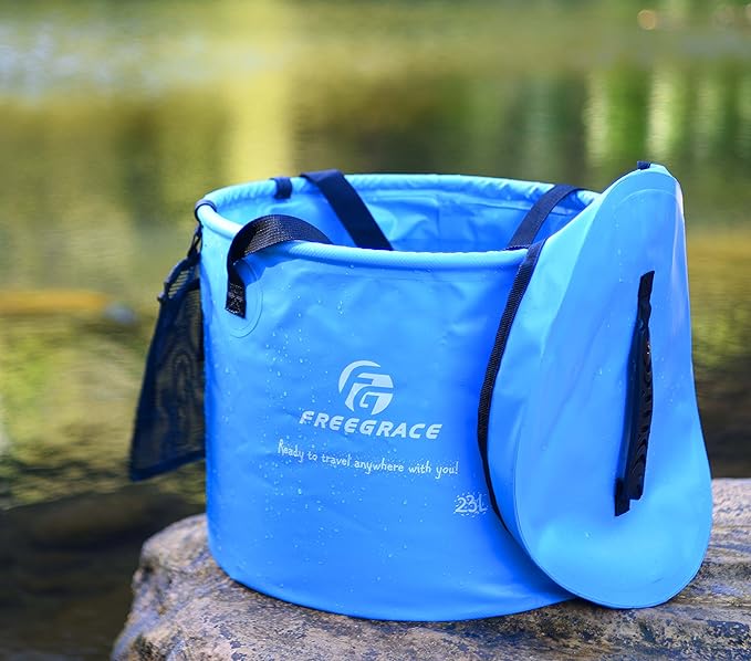 Premium Collapsible Bucket by Freegrace - Compact Portable Folding Water Container - Lightweight & Durable - Includes Handy Tool Mesh Pocket