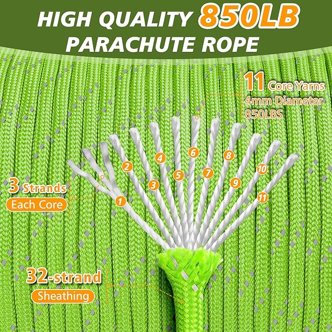 Reflective Paracord Rope 850Ib, 50/100/200/500/1000ft 4MM 11 Strand Parachute Spool Cord, Paracord Lanyard String for Tent, Camping, Clotheline, Hiking, Fishing, Bracelet, Neon Green 100FT