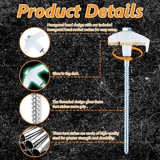 8" Screw in Tent Stakes Heavy Duty, Ground Anchors Screw in, Metal Threaded Tent Spikes, Camping Pegs for Canopies & Gardening Inflatable Decor (12 PCS Luminous)