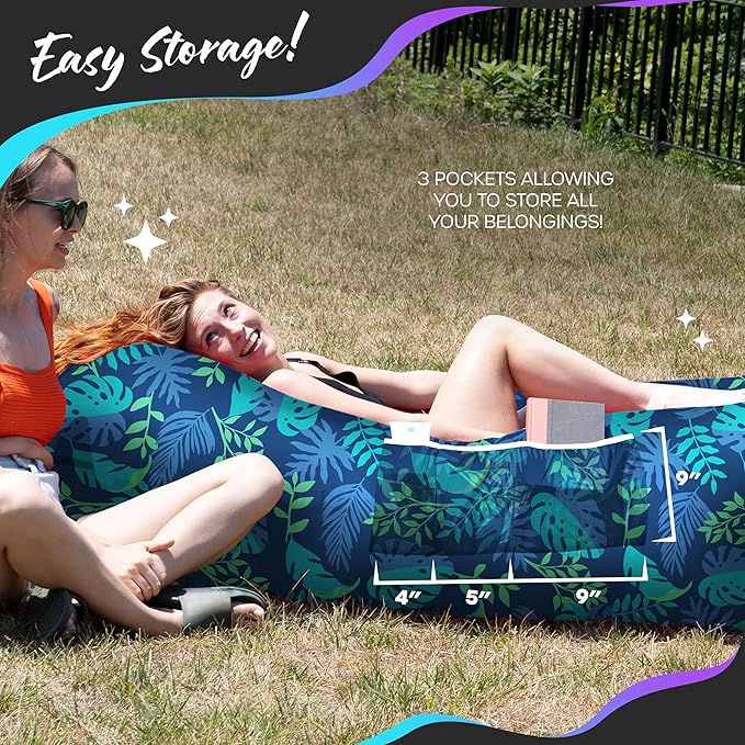 Nevlers Inflatable Lounger | 210T Polyester Inflatable Chair | No-Pump Blow Up Couch | Camping Couch Air Sofa Bed w/ 450 lbs. Cap., Pockets & Matching Bag | Use as Inflatable Couch for Adults & Kids