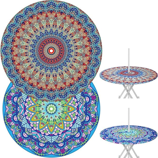2 Pcs Round Outdoor Tablecloth with Umbrella Hole - Anti-Wrinkle Polyester Tablecloth with Elastic Zipper Table Cover for Summer Patio Camping Party(36''-44'',Mandala)