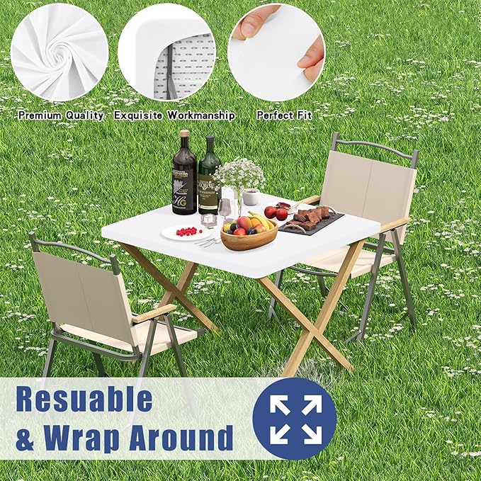 Spandex Picnic Table Cloth 2 Pack, Elastic Fitted Tablecloths for Square Tables, Stretch Washable Patio Table Cover for Outdoor, Camping, Banquet and Parties (White, 34"x34")