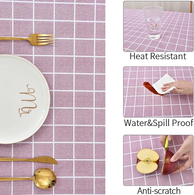 Romanstile Rectangle Plastic Tablecloth, 100% Waterproof Oil-Proof Checkered PVC Table Cloths, Heavy Duty Vinyl Table Covers for Dining, Camping, Picnic, Outdoor - 60 x 84 Inch, Pink