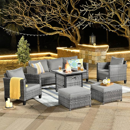 ovios 6 Pieces Patio Furniture Set with 30" Fire Pit Table, Outdoor Wicker Sofa with Comfy Cushions, All Weather High Back Rattan Couch Conversation Set, Dark Grey