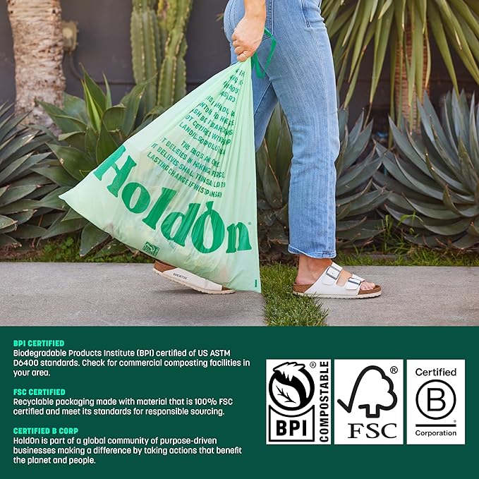 HoldOn Large Trash Bags 13 Gallon – Plant-Based Garbage Bags with Drawstring Handles for Tall Trash Bins – Trash Bags for Kitchen Bin (40 bags, Pack of 2), Green