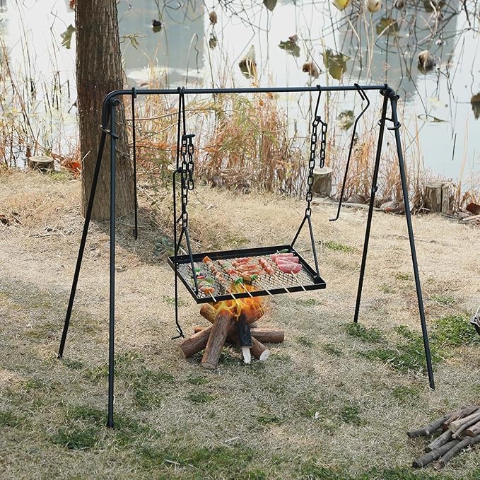 Lineslife Grill Swing Hanging Campfire Cooking Stand with Adjustable Iron Grill Grate, Collapsible Campfire Cooking Rack with Hooks and Accessories for BBQ Picnic, Outdoor Camping Cookware, Dutch Oven