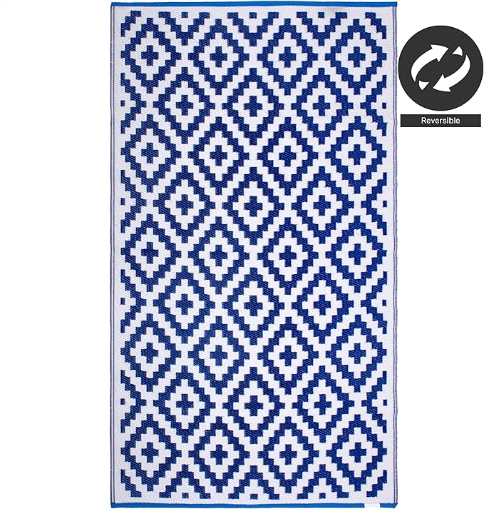 FH Home Outdoor Rug - Waterproof, Fade Resistant, Reversible - Premium Recycled Plastic - Geometric - Porch, Deck, Balcony, Mudroom, Laundry Room, Patio - Aztec - Blue & White Crease Free - 3 x 5 ft