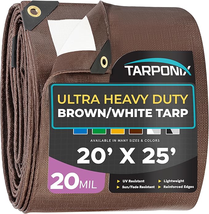 20' x 25' Ultra Heavy Duty Tarp – 20 Mil Brown/White Waterproof Outdoor Cover, UV Protection, Reinforced Corners, Ideal for Camping, Tent, and Outdoor Use