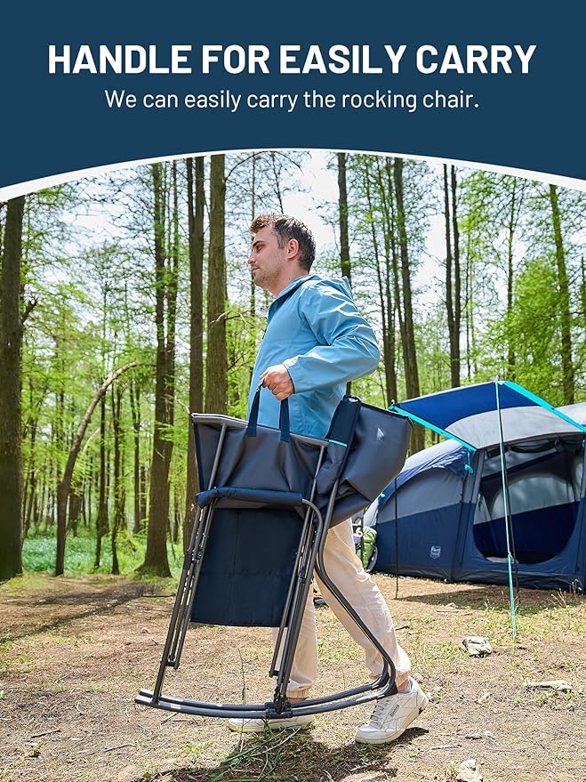 TIMBER RIDGE Folding Rocking Camping Chair, 400lbs Capacity Portable Oversized Outdoor Rocker with Hard Armrests, Cup Holder & Side Pocket, Quick-Fold Design for Outdoor, Patio, Lawn, Blue