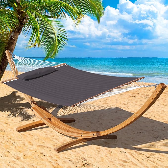Lazy Daze Hammocks 12 FT Double Quilted Fabric Hammock and 13 FT Natural Wooden Arc Stand, with Spreader Bar, Removable Pillow, 2 Person Hammock for Outdoor Patio Outdoor, 450 lb Capacity, Dark Gray