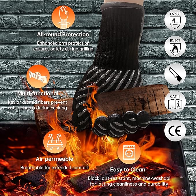 HandLove BBQ Gloves, Oven Gloves with Fingers –1472℉ Heat Resistant Gloves for Grilling | Aramid Retardant Non-Slip Grip, Bamboo-Lining Fire, Black,M