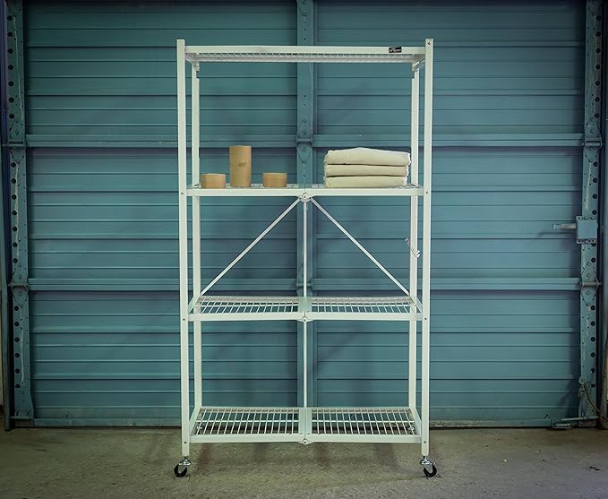 Origami 2-Pack R5 Storage Rack, 4-Tier Heavy-Duty Foldable Steel Shelf with Wheels, White