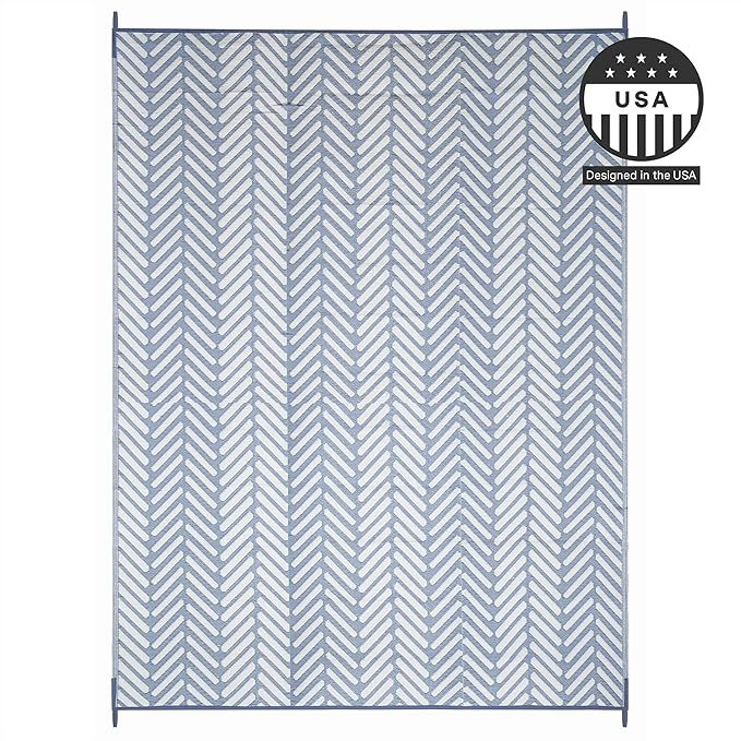 FH Home Outdoor Camping Rug - Waterproof, Fade Resistant, Reversible - Premium Recycled Plastic - Herringbone - Large Patio, Deck, Sunroom, RV - Fresno - Light Blue - 9 x 18 ft Foldable