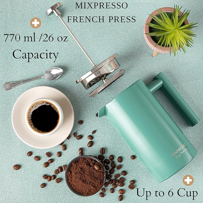 Mixpresso Green Stainless Steel French Press Coffee Maker 26 Oz 770 Ml, Double Wall Insulated French Press Stainless Steel, Easy Clean Tea Brewer, Easy Press Durable Metal Coffee Press