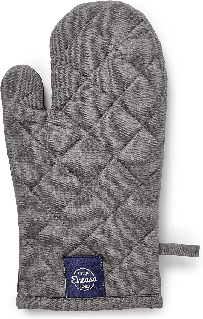 Encasa XO Heat Resistant Cotton Oven Gloves Mitts (2 Pc Set) - Quilted & Safe 12x7 in - for Kitchen, Cooking & Baking, Grilling, Handling Hot Pots & Pans - Grey