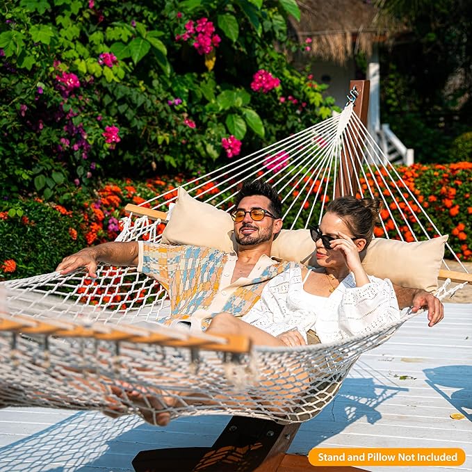 Lazy Daze Hammocks 12FT Double Rope Hammocks, 2 Person Hand Woven Cotton Hammock with Spreader Bar for Outdoor, Indoor, Patio, Poolside, FIT 13-15 Foot Stand, Max 450 Lbs, Natural, 141 x 57 inches