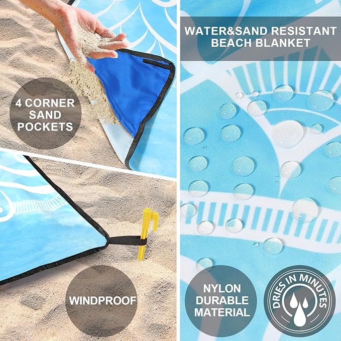 Beach Blanket Waterproof Sandproof Beach Mat 79" X 83"/10'x9'for 2-8 Adults Quick Drying Outdoor Picnic Mat Beach Accessories for Travel, Camping, Hiking