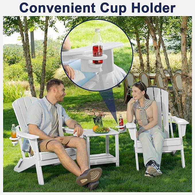 Folding Adirondack Chair, SGS Tested, Wooden Textured with Cup Holder, Heavy All-Weather HDPE Comfortable Set Poolside Backyard Lawn White