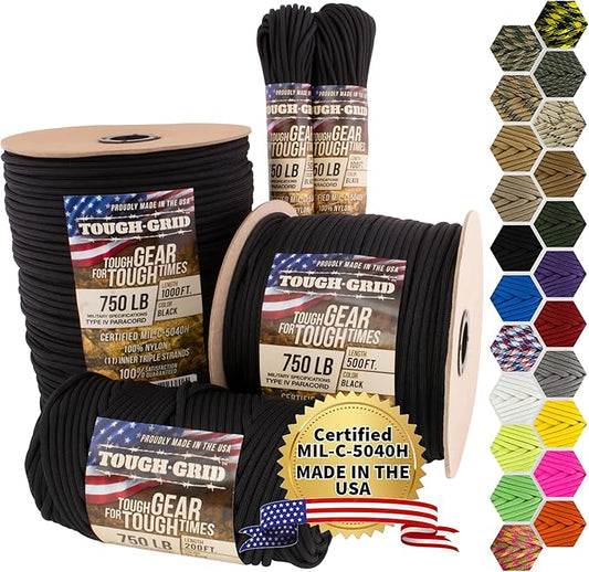 TOUGH-GRID Paracord Rope 750 lbs Nylon Parachute Cord, Made in USA Survival Kit, Outdoor Adventures, Camping, Tactical Gear & Emergency Supplies, Military Type IV Mil-Spec