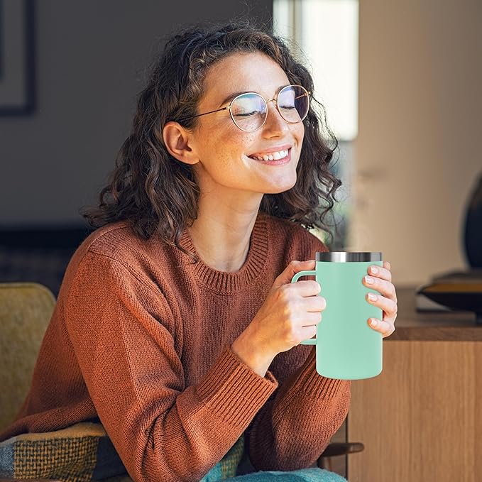 DOMICARE 24oz Mug with Handle and Lid, Stainless Steel Coffee Mug, Reusable Insulated Cup, Travel Mug with Handle, Double Wall Vacuum Coffee Tumbler for Men and Women, Mint Green, Pack 1