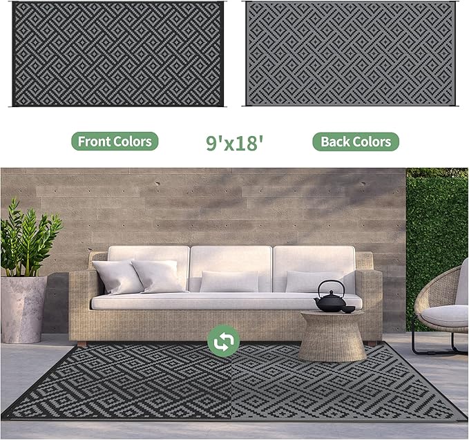 GENIMO Outdoor Rug for Patio Clearance,9'x18' Waterproof Mat,Reversible Plastic Camping Rugs,Rv,Porch,Deck,Camper,Balcony,Backyard,Black & Gray
