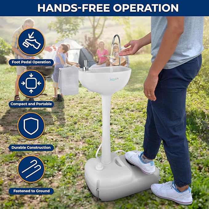 SereneLife Portable Camping Sink with 19L (5+ Gallon) Water Tank, Hands-Free Foot Pump, Soap Dispenser & Towel Holder, Compact Design with Carry Handle – Perfect for Camping, Worksites, Outdoors