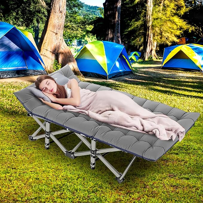 LILYPELLE Folding Camping Cot, Extra Wide Heavy Duty Sleeping Cots with Carry Bag, Double Layer Oxford Portable Travel Camp Cots for Home, Office Nap and Outdoor Beach