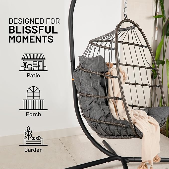 SereneLife Foldable Egg Chair with Stand – Hanging Rattan Wicker Swing for Indoor Outdoor Use – 350 lbs Capacity, Breathable Cushion & Headrest – Patio, Balcony, Porch, Bedroom Lounge Furniture