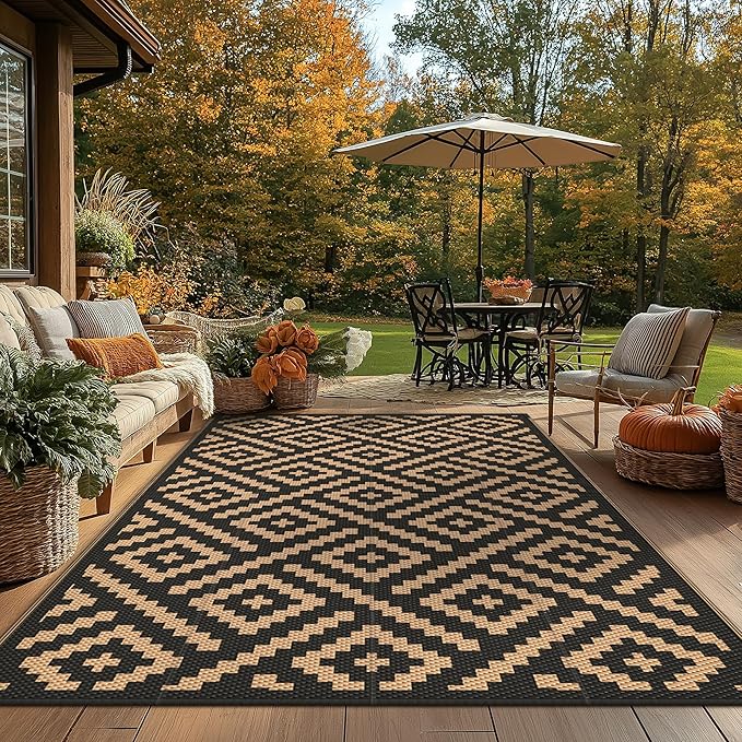 GENIMO Outdoor Rugs 8x10 Waterproof, Reversible Mats, Area Plastic Straw Rug, Outside Carpet, Geometric Rv Mat for Patio Camping Rv Picnic Backyard Deck Balcony Porch Beach Trailer (Black & Brown)