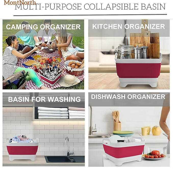 Collapsible Wash Basin 9L, Foldable Dish Tub with Drain Plug, Portable Collapsible Dish Basin, Camping Sink for Washing Dishes, Laundry & Kitchen Use (Viva Magenta)