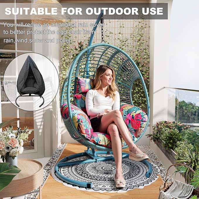 Oversized Hanging Egg Chair Outdoor Indoor, Wicker Swing Egg Chair with Stand 400lbs Capacity for Bedroom, Patio, Garden and Balcony (Hawaii Blue-Regular, Oversize)