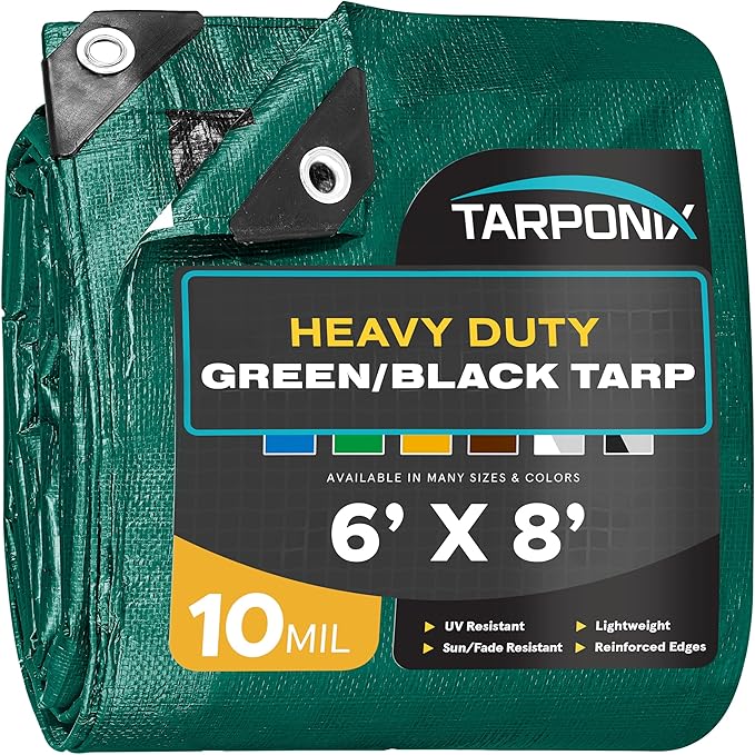 6' x 8' Dual-Sided Heavy-Duty Tarp – 10 Mil Tear-Resistant Green & Black Cover with Reinforced Edges and Anti-Rust Grommets
