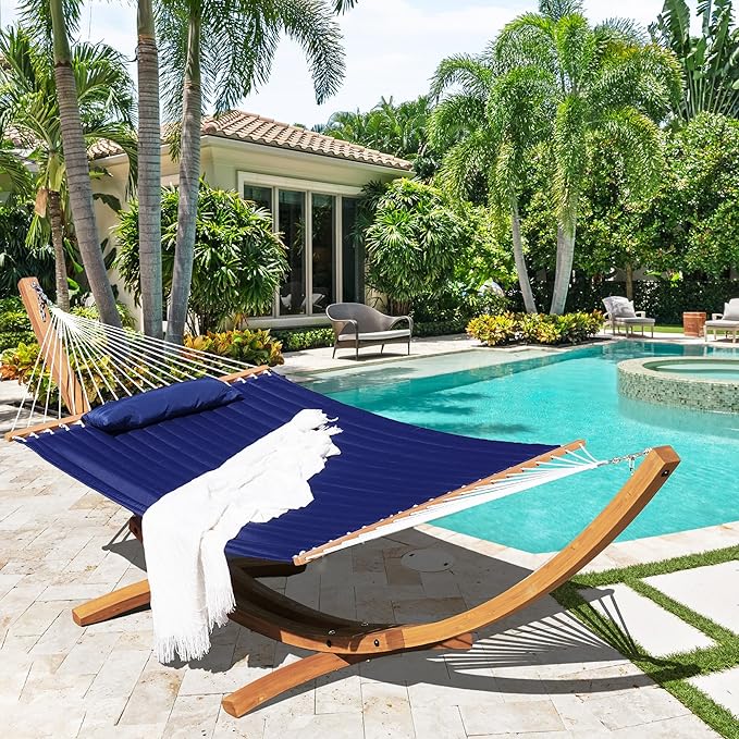 Lazy Daze Hammocks 12 FT Double Quilted Fabric Hammock and 13 FT Natural Wooden Arc Stand, with Spreader Bar, Removable Pillow, 2 Person Hammock for Outdoor Patio Poolside, 450 lb Capacity, Navy Blue
