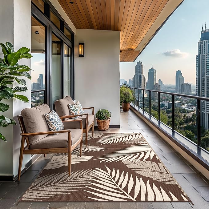 GENIMO Outdoor Rug 5' x 8' Waterproof for Patios Clearance, Reversible Outdoor Plastic Straw Camping Rug Carpet, Large Area Rugs Mats for RV, Camper, Deck, Balcony, Porch, Beach, Picnic, Coffee&Beige