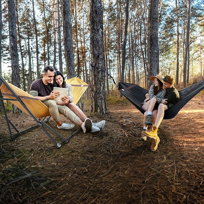 Tranquillo Universal Hammock with Stands Electro Static Coated Steel, Adjustable Foldable Hammock Stand with 2 Layered Polyester Net and Carry Bag for 2 Persons (Combo - Yellow)
