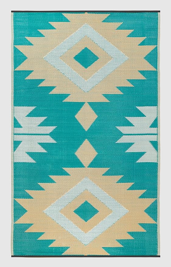 FH Home Outdoor Rug - Waterproof, Fade Resistant, Reversible - Premium Recycled Plastic - Geometric - Patio, Deck, Porch, Balcony - Bursa Kilim - Teal Crease Free - 5 x 8 ft