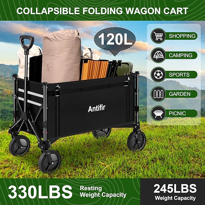Collapsible Wagon Carts,Folding Wagon Cart with All Terrain Wheels,Heavy Duty Garden Carts with Adjustable Handle,Outdoor Utility Wagon for Camping Shopping Sports Fishing (Black)