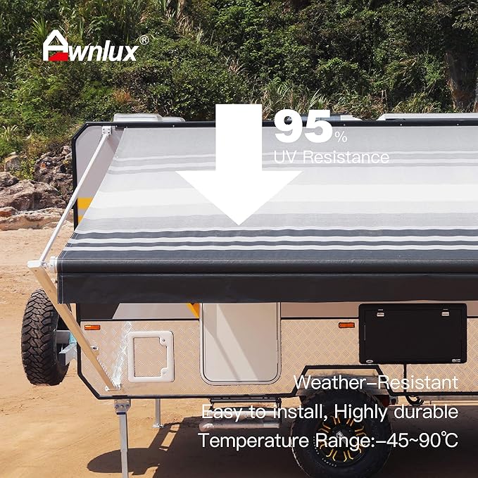 AWNLUX RV Awning Fabric Replacement Waterproof Vinyl Shade Screen for Awnings Camping Universal Fit Fabric Sun Shade UV Sun Blocker Canopy RV Awning Shade Shelter Black Strip-12' (Fabric 11'2")