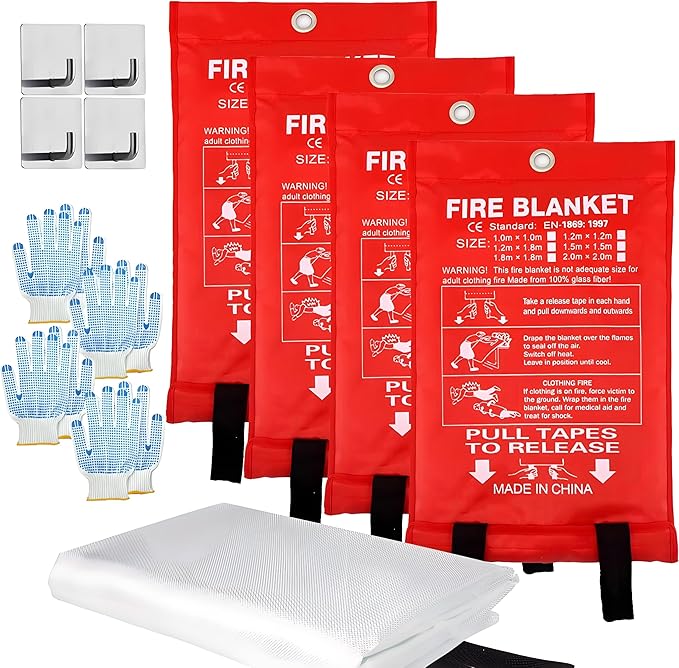 MDH Fire Blanket 40x40 Inches Fiberglass w/Gloves Hooks Whistle - Fireproof Safety for Home, Kitchen, Restaurant, House - Fire Suppression Reusable (Fire Blanket 4-Pack)