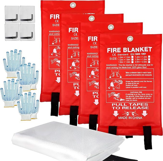 MDH Fire Blanket 40x40 Inches Fiberglass w/Gloves Hooks Whistle - Fireproof Safety for Home, Kitchen, Restaurant, House - Fire Suppression Reusable (Fire Blanket 4-Pack)
