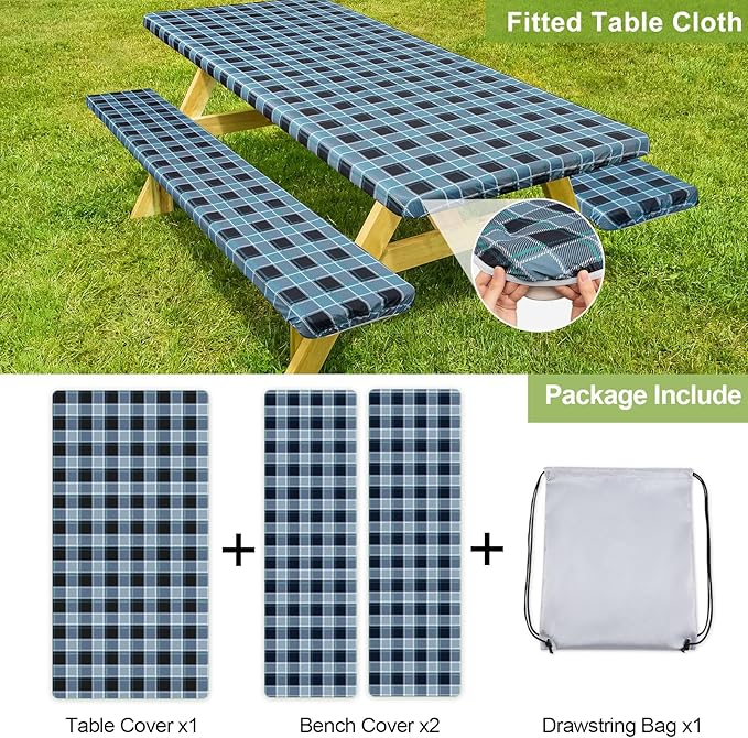 Picnic Table Cover with Bench Covers Camping Essentials Waterproof Windproof Camping Tablecloth with Drawstring Bag, Fitted Rectangle Tables and Seats, 72in, Small Blue Plaid