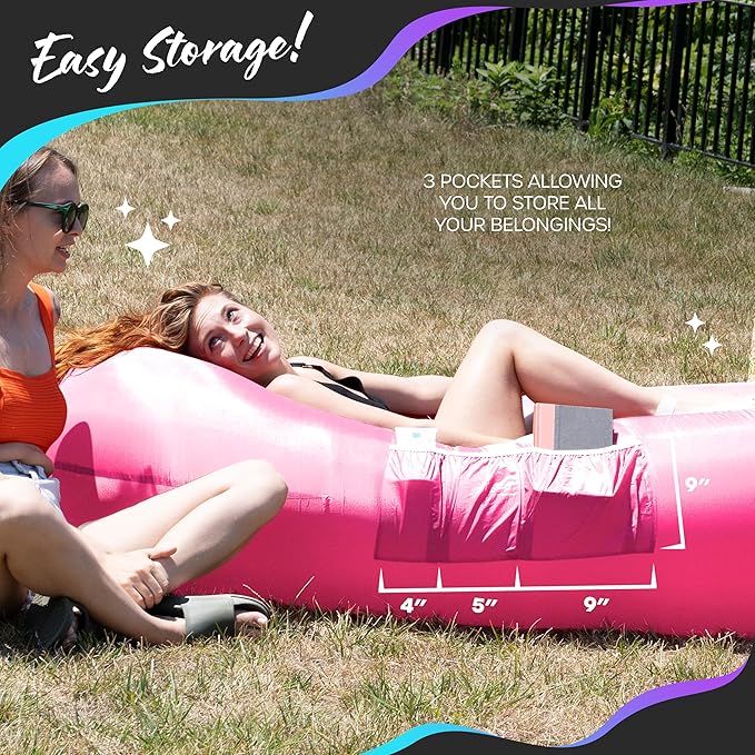Nevlers Inflatable Lounger | 210T Polyester Inflatable Chair | No-Pump Blow Up Couch | Camping Couch Air Sofa Bed w/ 450 lbs. Cap., Pockets & Matching Bag | Use as Inflatable Couch for Adults & Kids
