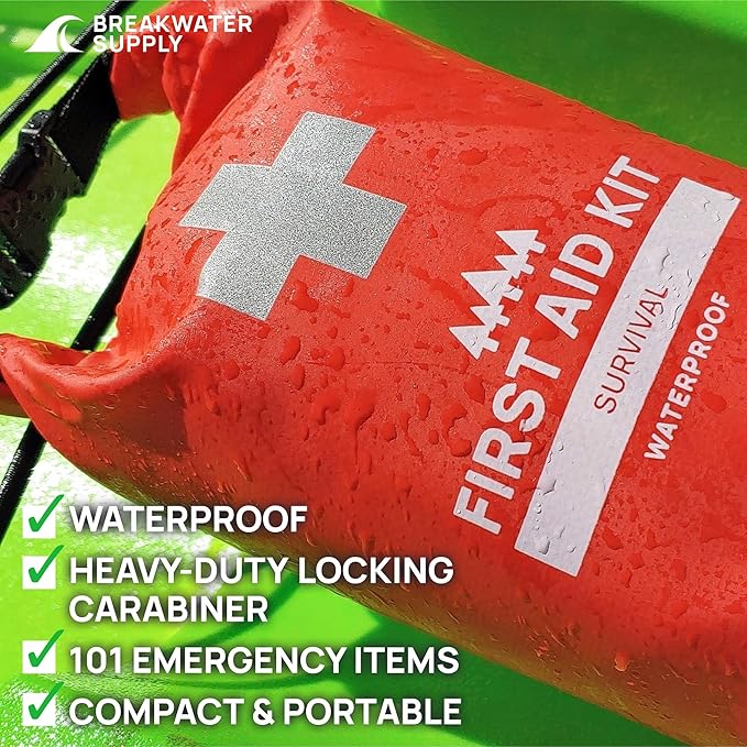 Breakwater Supply™ Waterproof First Aid Kit Dry Bag Bug Out Bag Preloaded with Emergency Survival Prepper Supplies for Boating, Camping, Fishing + Carabiner, Floating, Reflective, AFAK/IFAK Trauma Kit
