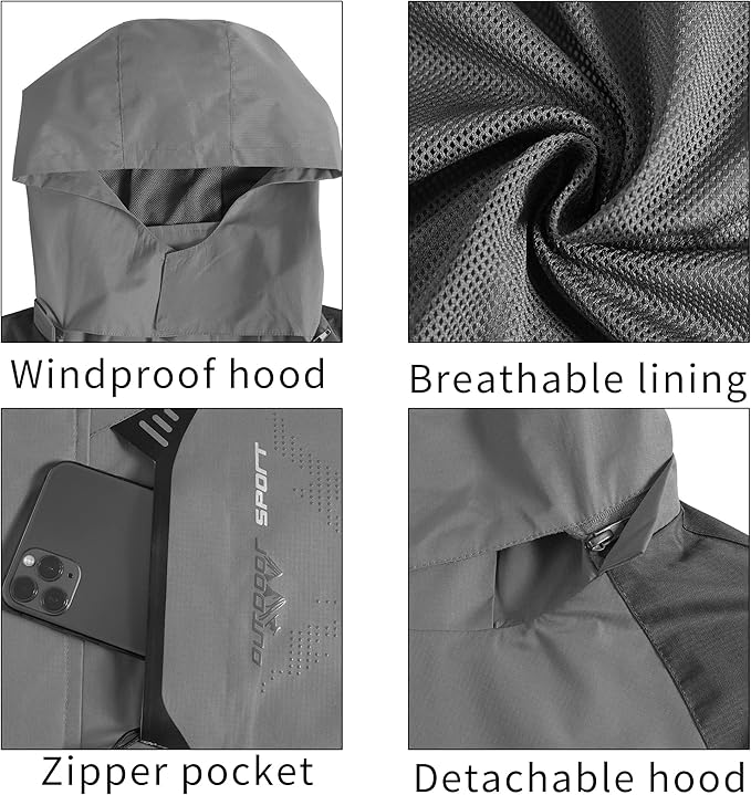 TEZO Mens Rain Jacket Waterproof with Hooded Hiking Coat Lightweight Windbreaker