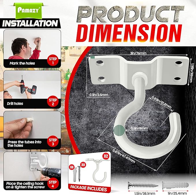 [UPGRADED] 2Pcs 200LBS Rotatable Ceiling Hooks with 4 Screw Points Base, Wall Mount Metal Hanger White Ceiling Hook for Hanging Plant, Bird Feeder, Lights, Bed Canopy, Wind Chime, Indoor Outdoor Decor