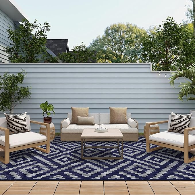 GENIMO Outdoor Rug for Patio Clearance, 9'x12' Waterproof Camping Mat, Reversible Plastic Straw Rugs for RV, Camper, Balcony, Backyard, Picnic, Deck (Blue & Grey)