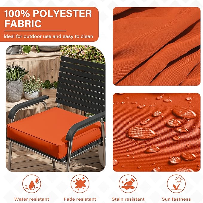Patio Chair Cushions 18.5 X 16 X 4 Inch Waterproof Outdoor Seat Cushions for Patio Furniture, Outdoor Sofa Couch Pads with Ties & Handle, Set of 2, Orange