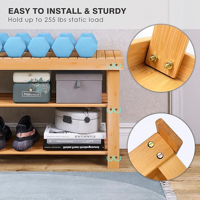 SMIBUY Bamboo Shoe Rack Bench, 3-Tier Shoe Organizer Storage Shelf for Entryway Hallway Bathroom Living Room (Natural)